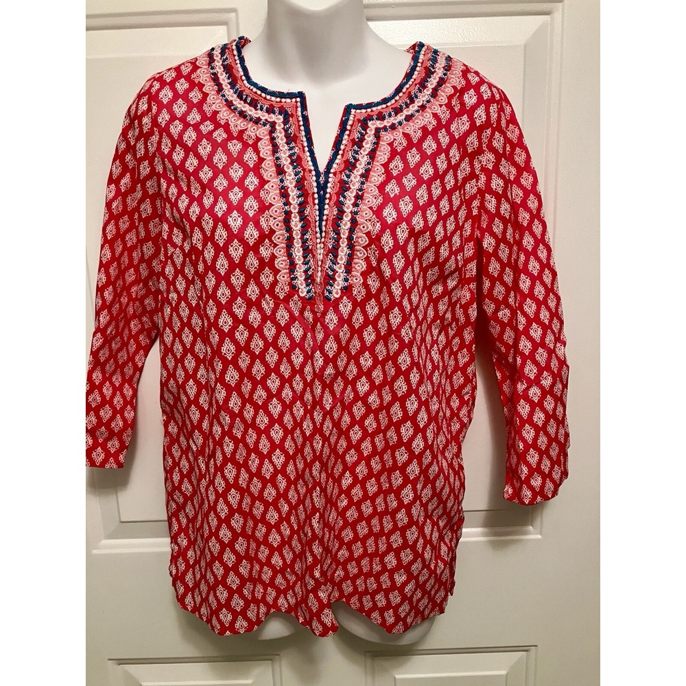 NWT Talbots Top Womens Petite PS Cotton Pink Embroidered Boho 3/4 Sleeve Tunic S